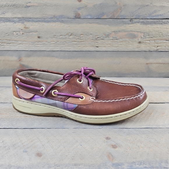 Sperry Shoes - Sperry Topsider Brown Leather purple plaid Women's Boat Deck Shoes